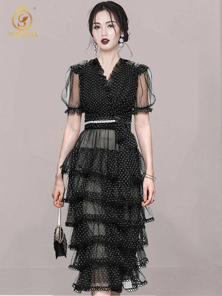 

SMTHMA New Fashion Summer Two Piece Set Sexy V-Neck Puff Sleeve Mesh Polka Dot Black Top + Elastic waist Cake Skirt Suit