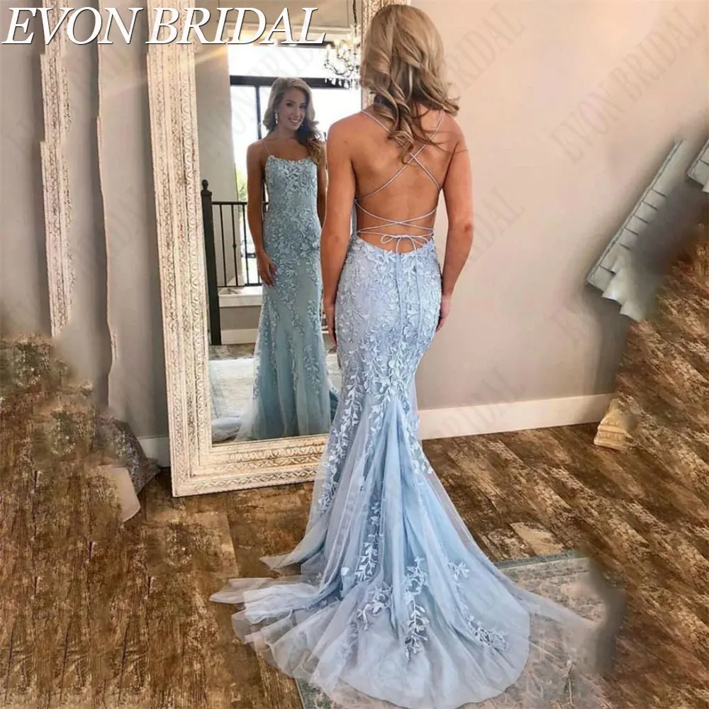 

EVON BRIDAL Charming Baby Blue Tulle Prom Party Dresses Sexy Backless Sleeveless Evening Gown Spaghetti Strap Vestidos De Fiesta