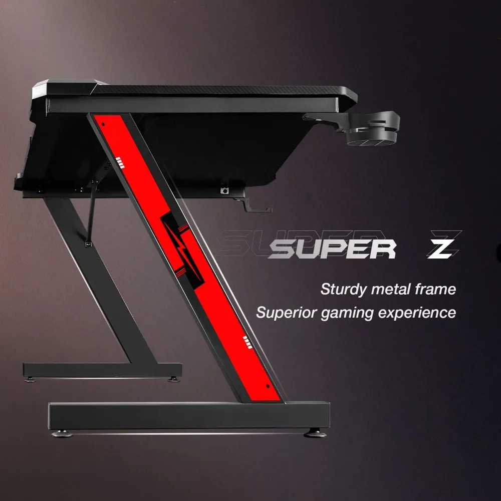 Game desk, carbon fiber surface computer desk, home office desk, with cup holder and headphone hook 6