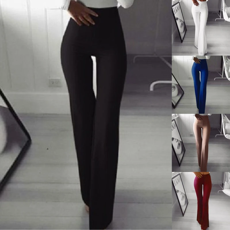 

Summer Autumn Solid Elegant Female Lady Women's Palazzo Flared Wide Killer Legs Pants High Waist OL Ladies Career Long Trousers