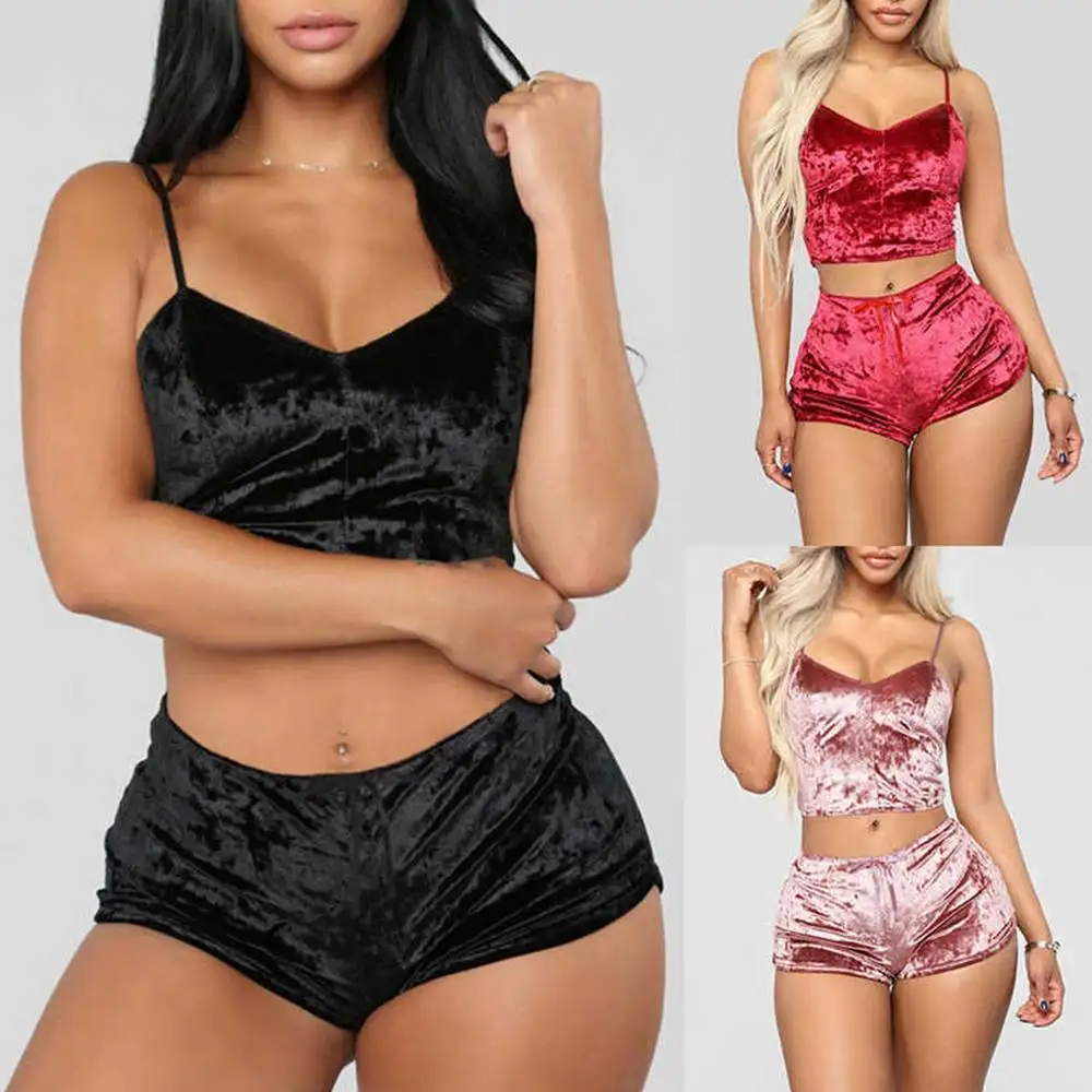 

2PCS Women's Sexy Nightwear Set Lingerie Sleepwear Cami Tops Shorts Babydoll Pajamas Strap Adjustable