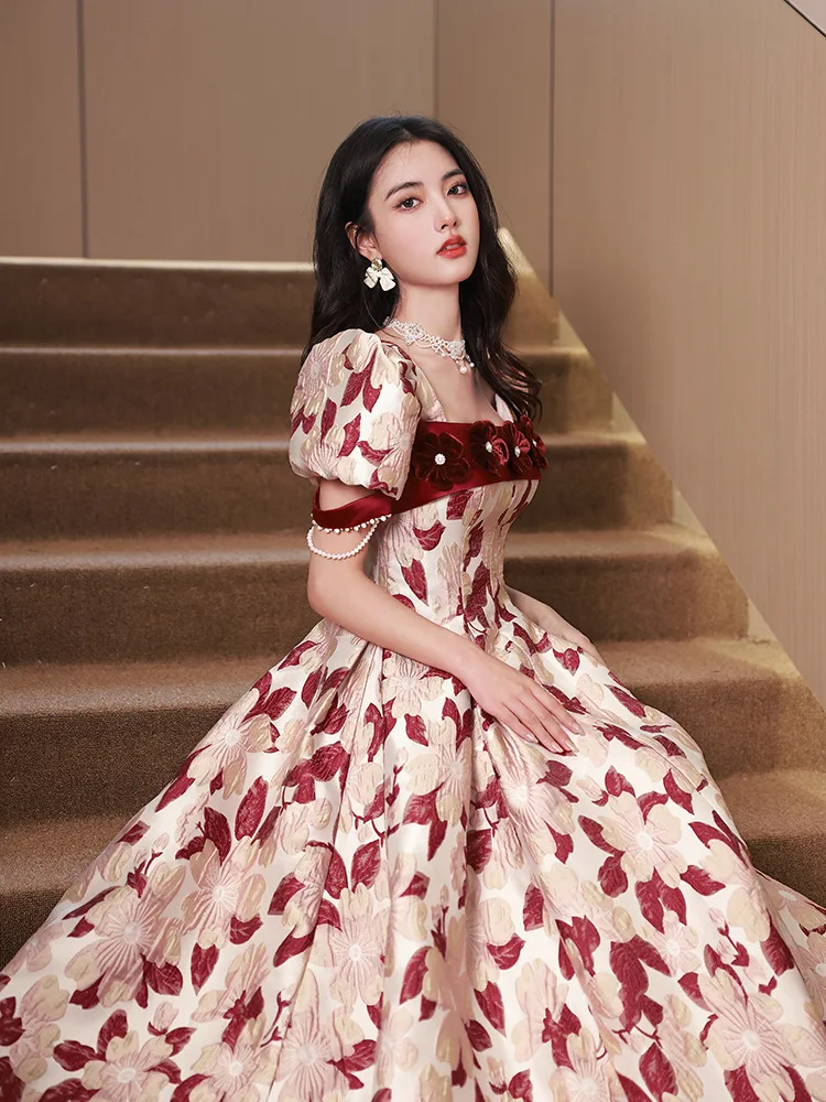 

Red Printed Prom Gown Women Square Neck Puff Sleeve Applique Evening Dress Elegant Exquisite Beaded Cocktail Dresses