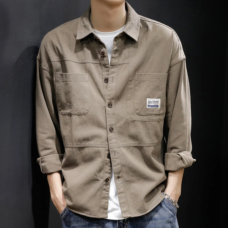 

Рубашка мужская с длинным рукавом, модная блуза-карго свободного покроя, повседневная куртка, весна-осень