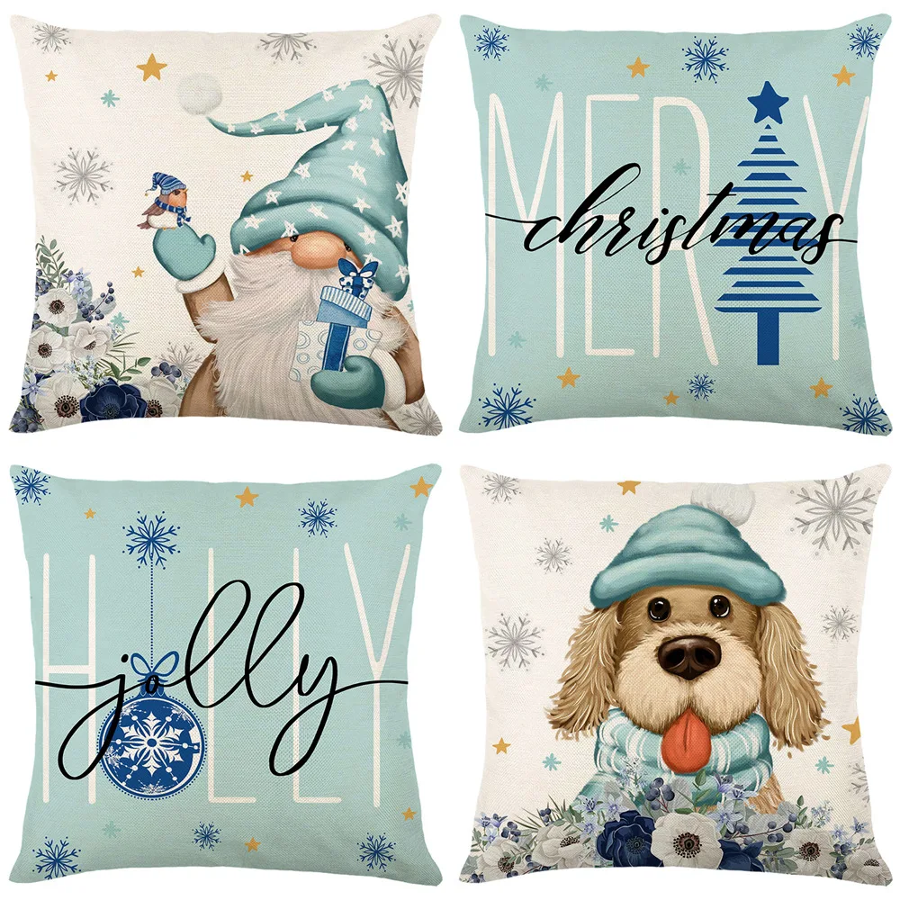 

45cmx45cm Blue Christmas Pillowcase Cartoon Santa Claus Elf Dog Xmas Cushion Cover Merry Christmas Decor for Home Cushion Cover