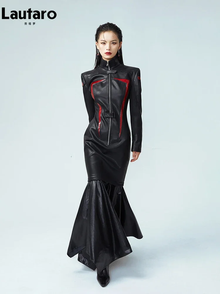 

Весенне-осеннее крутое красно-черное лоскутное платье макси из искусственной кожи Lautaro, женское Роскошное дизайнерское платье со съемным подолом