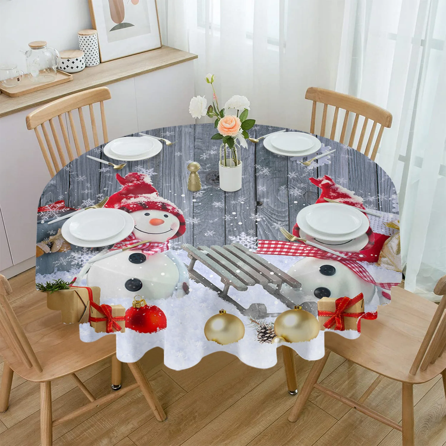 

Christmas Snowman Branch Snowflake Round Tablecloth Waterproof Wedding Decor Table Cover Xmas Home Decorative Tablecloth