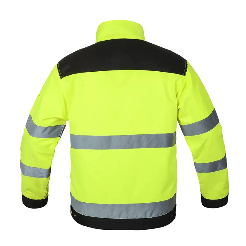 Hi Vis 남성용 고가시성 반사 재킷, 야외 작업 상의, 형광 노란색 멀티 포켓 안전 작업복 의류