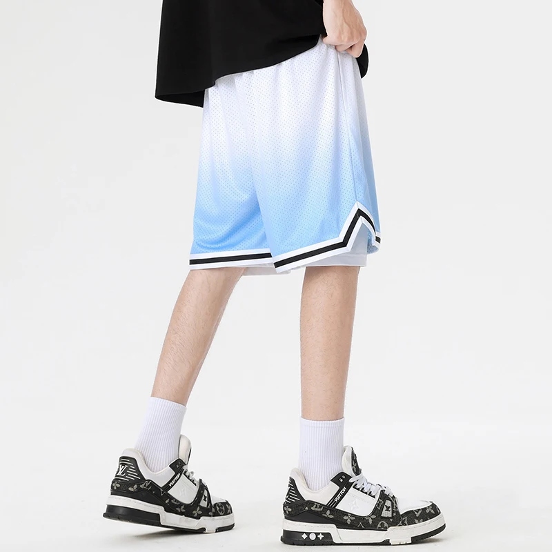 Fashion Elastic Spliced Gradient Fake Two Pieces Casual Shorts Men's Clothing 2024 Summer Loose High Waist Knee Sports Shorts