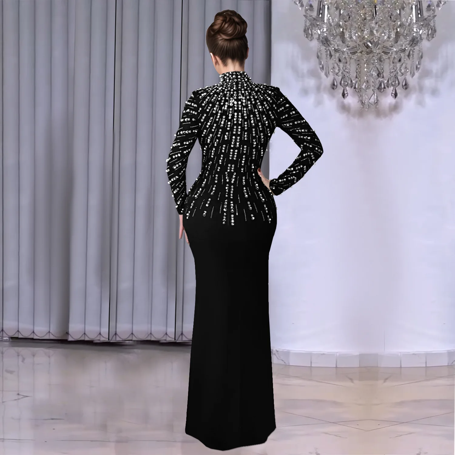 مزاجه أنيقة حزب الماس اللؤلؤ طويل Bodycon فستان المرأة س الرقبة طويلة الأكمام بريق نادي مساء غمد أسود فستان ماكسي