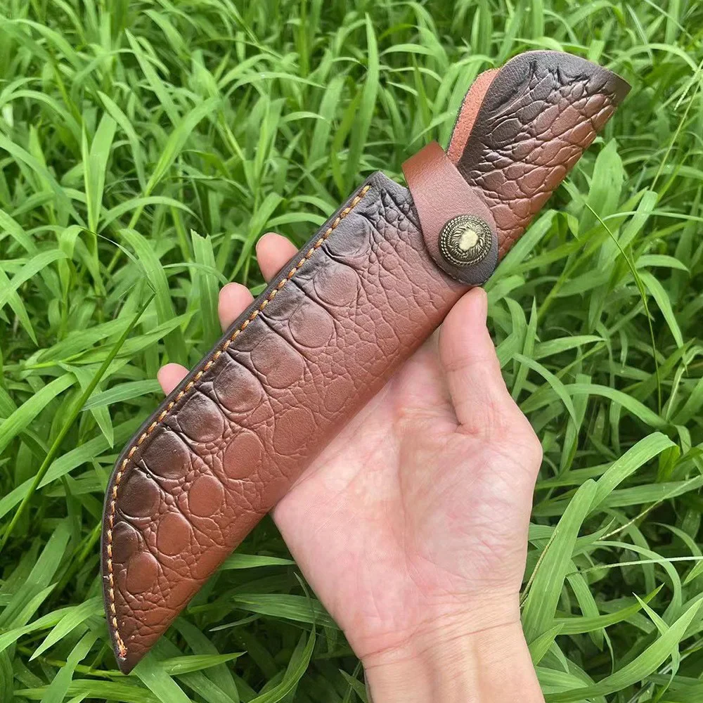 29.9 cm Fixed Blade Knife Scabbard Embossed Cowhide Cover Leather Sheath  Camping Knife Case Hunting Holsters with Belt Buckle 2