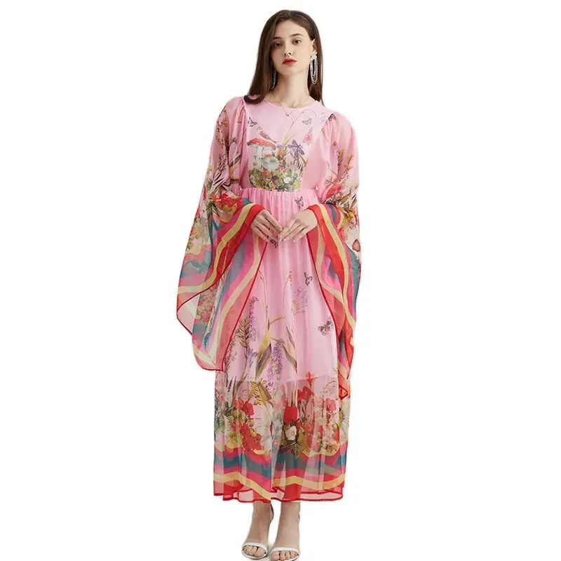 

Vacation Robe Floral Chiffon Maxi Dress 2023 Summer Flare Sleeve Women Designer Vintage Dresses Birthday Print Ballgown Frocks