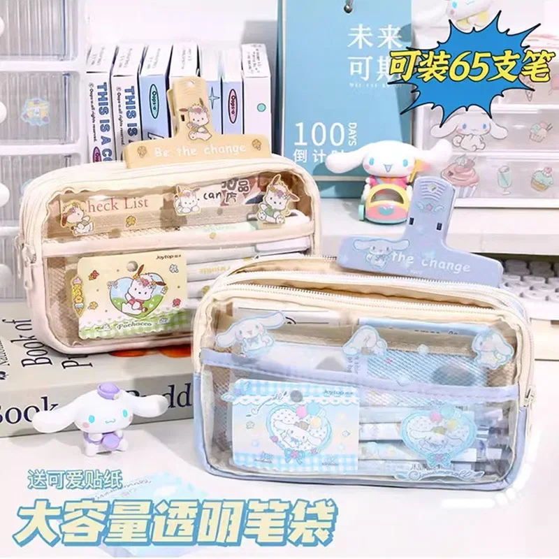 

Sanrio Cartoon Pen Bag Cinnamoroll Kids Kawaii Melody Transparent Large Capacity Pencil Bag Girls Cute Kulomi Makeup Bag Gift