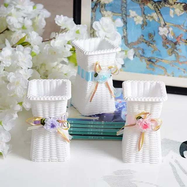 Virág Váza Törhetetlen Négyzet Alakú Nyitó Kézzel Készített Rattan Szövött Műanyag Retro Művészeti Asztali Dekorációs Növények Edény - Image 2