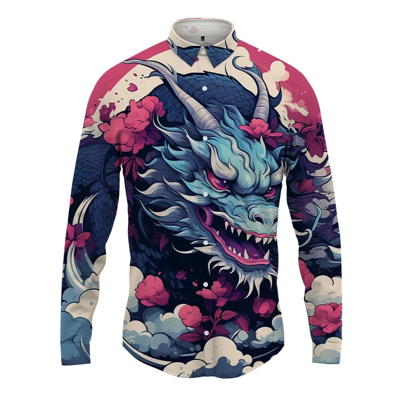 

Мужская Уличная Модная рубашка в стиле Харадзюку на пуговицах, рубашка с 3d-рисунком дракона, гавайская Мужская рубашка с длинным рукавом, весна-осень
