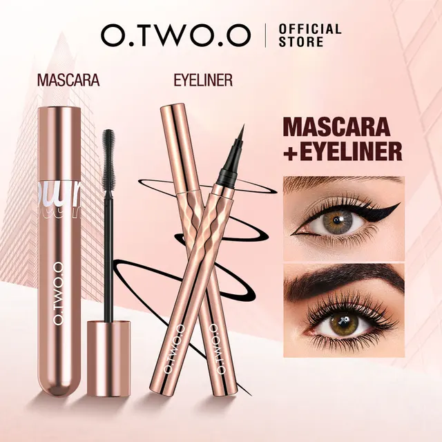 O.TWO.O Mascara Eyeliner Black Liquid Waterproof Silk Fiber Curling Volume Lashes Thick Lengthening Long-Wearing Eye Makeup Set