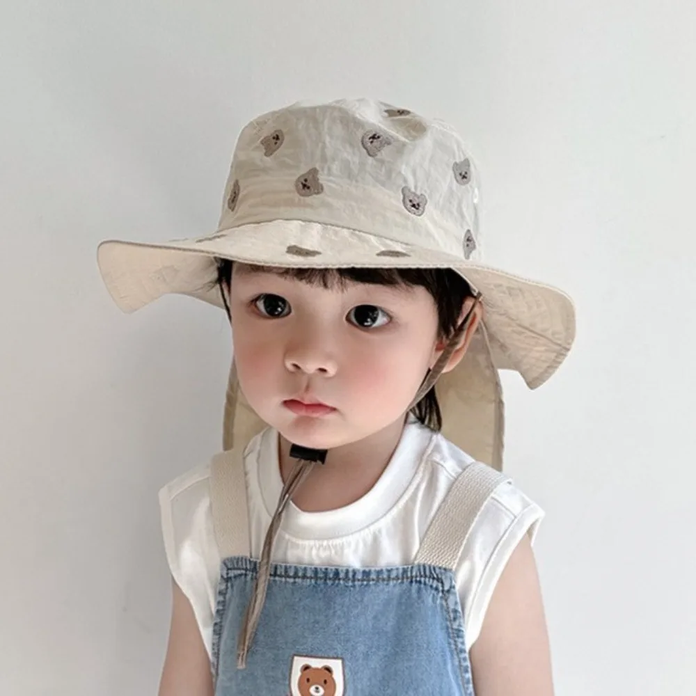 Kawaii Children Panama Cap Cartoon Embroidery Neck Protection Baby Sun Hat Quick-dry Fashion Broad Brim Bucket Hat Beach