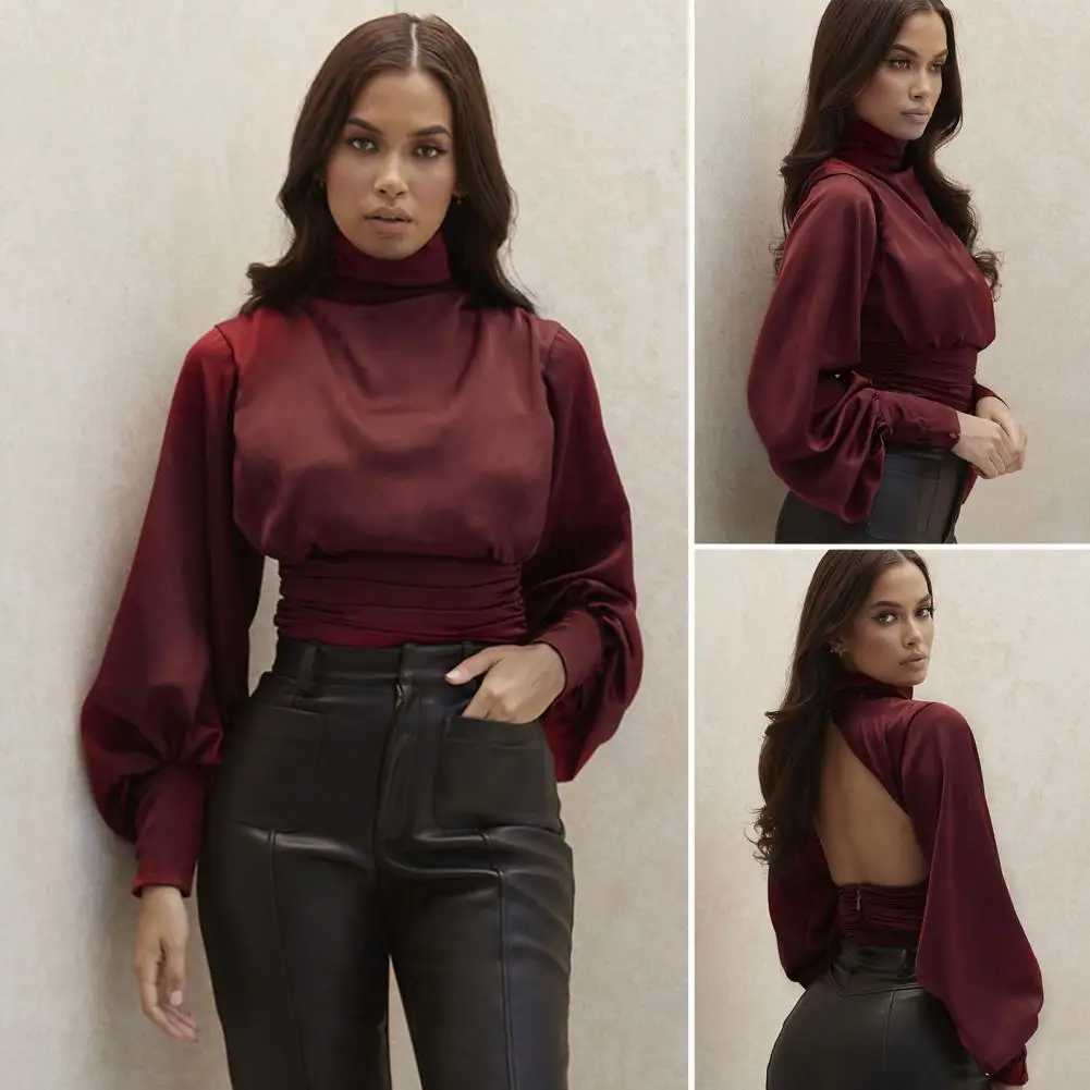 

Party Blouse High Collar Solid Color Lantern Sleeves Backless Pleated Dress-up Baggy Neck Protection Lady Party Top for Dating