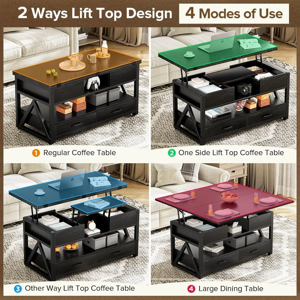 40" Lift Top Coffee Table,4 in 1 Multi-Function Lift Coffee Tables with Storage Drawers and Hidden Compartmen 3