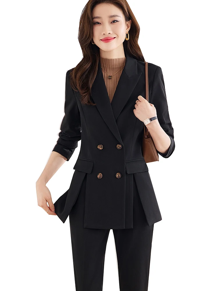 

Elegant Blue Black Women Pant Suit Formal Ladies Work Wear Jacket And Trouser Female Business Blazer Set