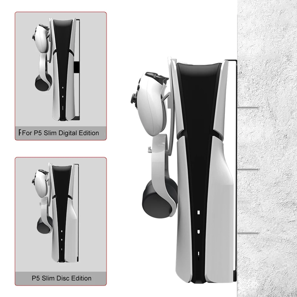 PS5 슬림 호스트 벽걸이 스탠드, 벽 마운트 브래킷, 헤드셋 후크 포함, PS5 디스크 버전 및 디지털 에디션용 벽 선반