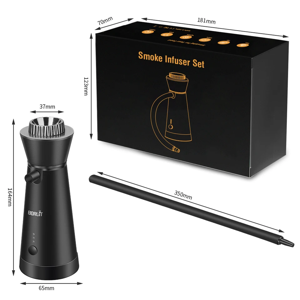 BORUIT 301B Räucher-Set – 12-teilig, Mit Holzspänen, 3 Stufen Regulierbar, Für Cocktails & Speisen (Kaltrauch)