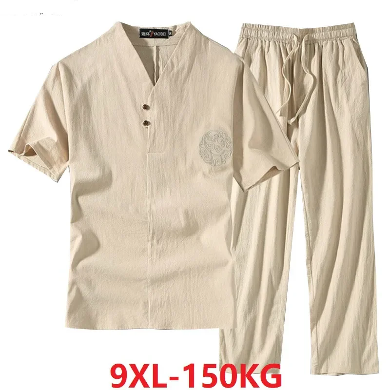 Men's Clothing Large Size Tracksuit Husband Summer Suit Linen T-shirt Fashion Male Set Chinese Style 8XL 9XL Plus Two Piece