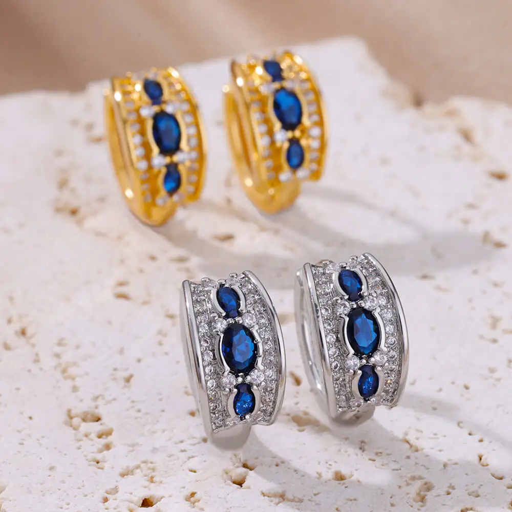 Zircon Blue Oval Earrings For Women Stainless Steel Hoop Earring 2023 Trending Design Wedding Aesthetic Party Jewelry Gift