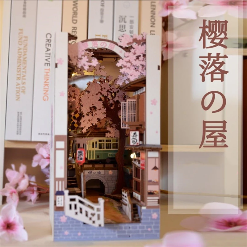 DIY Wooden Book Nook Shelf Insert Kits Miniature Cherry Blossom