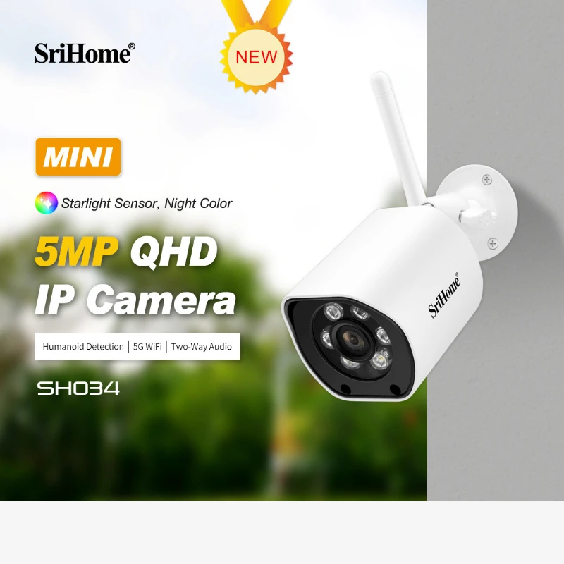 

SriHome New Release SH034 5MP Mini 5G Wifi IP Camera Waterproof Video Surveillance Security Outdoor Color Night Vision CCTV Cam