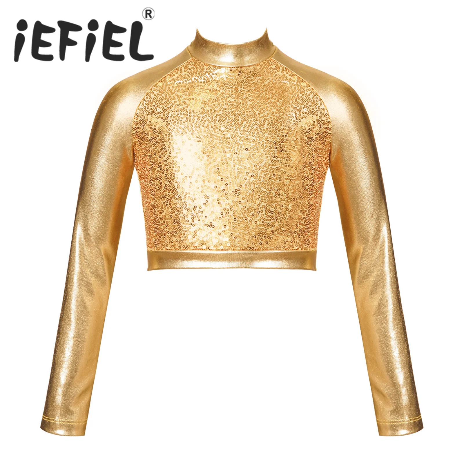 

Kids Girls Shiny Metallic Ballet Dance Top Mock Neck Long Sleeve Front Sequins Dance Crop Tops for Ballroom Stage Performance