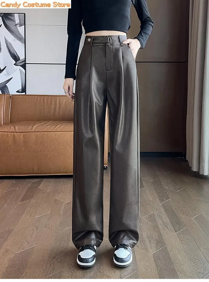 

High Waist Slim Loose Trousers Female Black Matte Straight PU Leather Wide Leg Pants Women New Autumn Winter