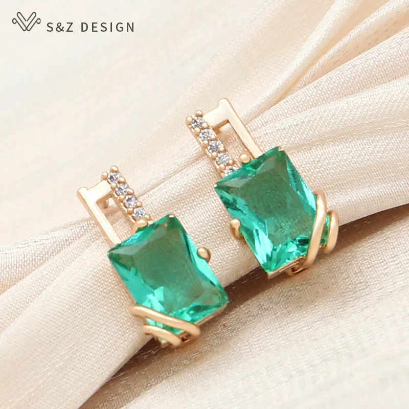 S&Z DESIGN New Elegant Champagne Gold Color Square Crystal Dangle Earrings For Women Wedding Jewelry Fashion Cubic Zirconia