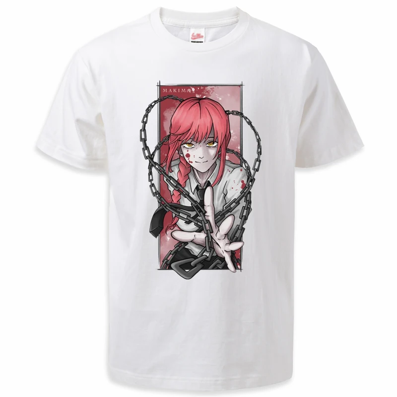 Футболка с принтом бензопилы, макима, 100% хлопок, футболки с круглым вырезом и короткими рукавами для девочек, милые футболки Харадзюку с принтом манги, большие размеры