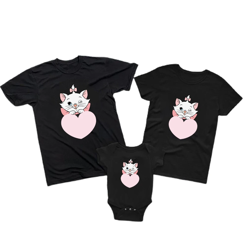 Mother Kids Family Look Clothes Disney The Aristocats T-shirt Women Fashion Summer Boy Girl T Shirt Newborn Romper Casual Black family clothes