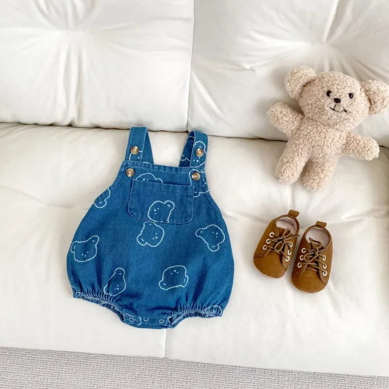 New Spring Autumn Young Children Boys and Girls Denim Bodysuit Cartoon Bear Printed Shoulder Straps Sleeveless Jumpsuit H22401 4