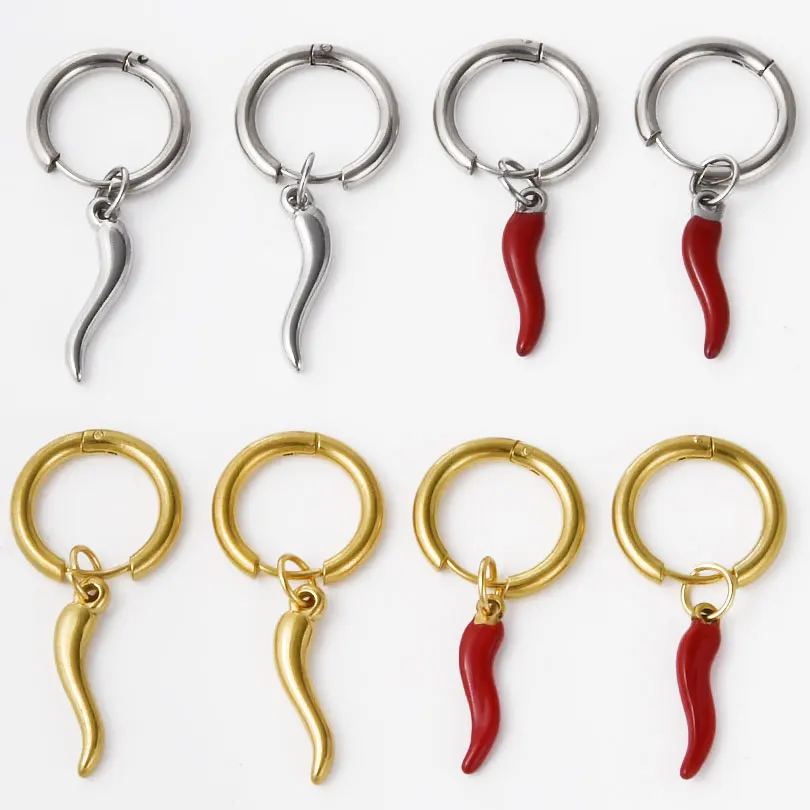 1Pair Stainless Steel korean Girl Red Chili Hot Pepper Fake Piercing Hoop Earrings Lucky Italian Horn Aros Boucle Mujer Jewelry 3