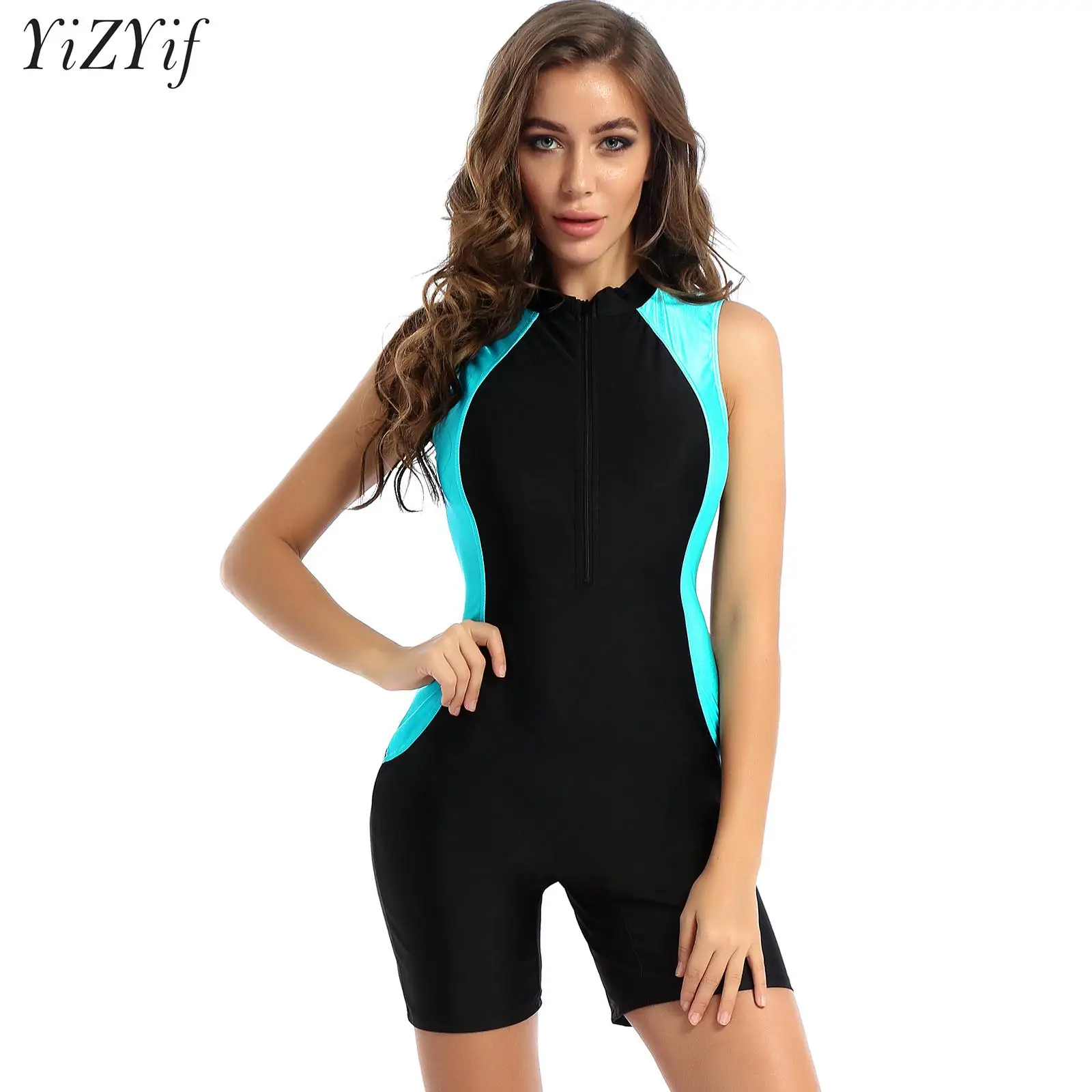 

Women Surfing Diving Athletic Swimwear One Piece Swimsuit Sleeveless Front Zipper Boyleg Bathing Suit Beach Sports Rash Guard