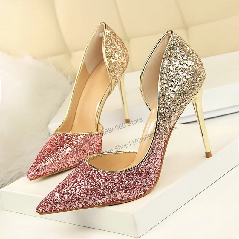 

Moraima Snc New Gradient Color Woman Summer Single Shoes Pointed Toe Bling Stilettos Shallow Thin Heels Party Sexy Pumps