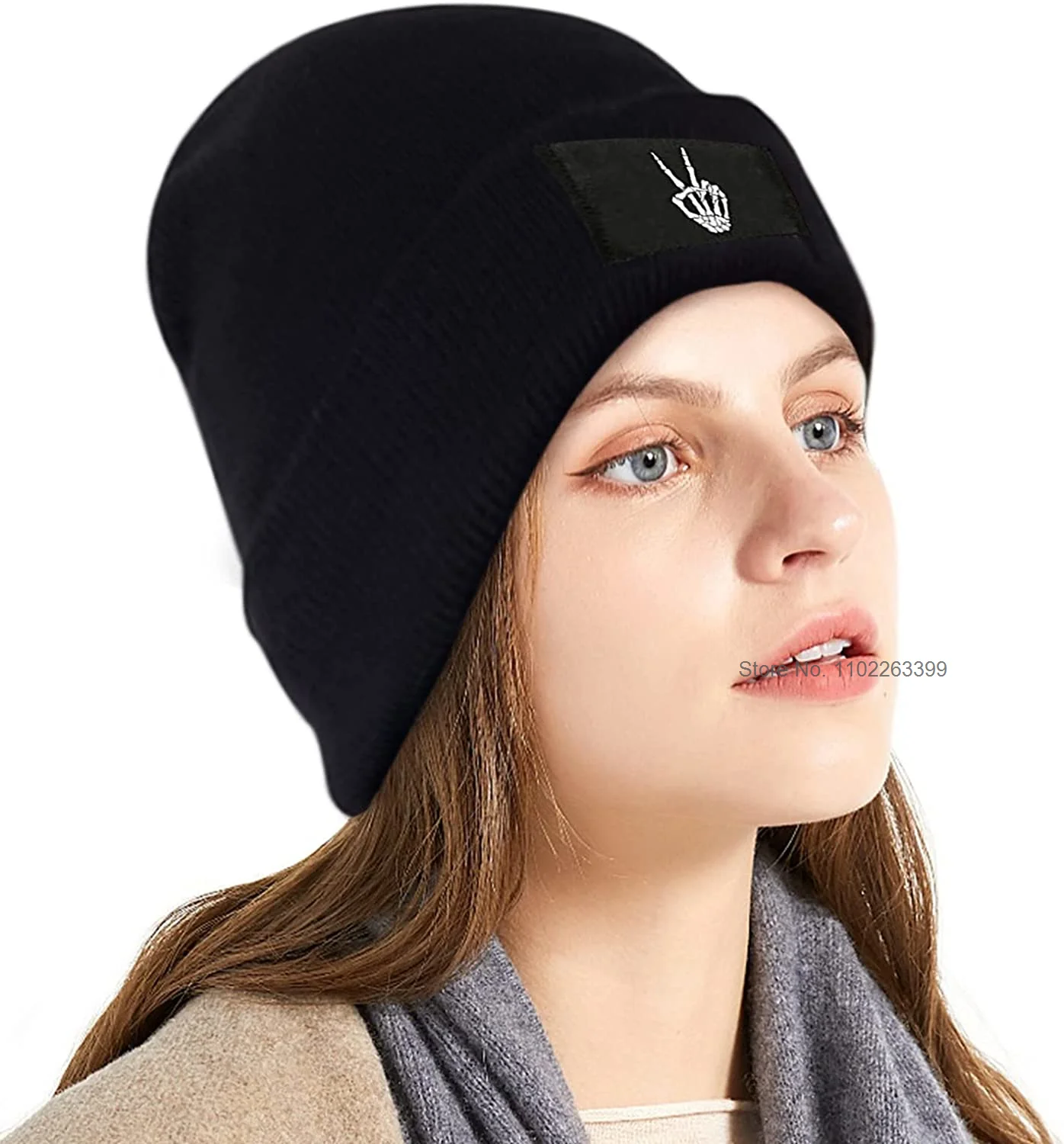 Skeleton Hand Making Peace Sign Men Or Women Soft Beanie Hat Skull Cap Winter Hats