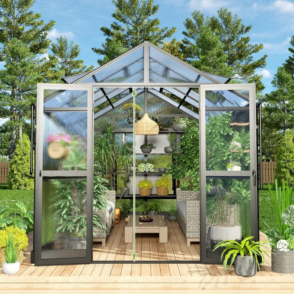 8x12x7.5 FT Polycarbonate Greenhouse Double Swing Doors 4 Vents 5.2FT Added Wall Height, Walk-in Large Aluminum Greenhouse 2