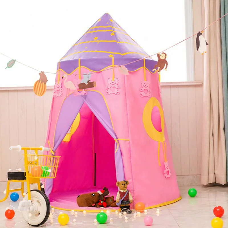 Cotton Yurt Tent With Small Colorful Flags Blue Playhouse Children Party