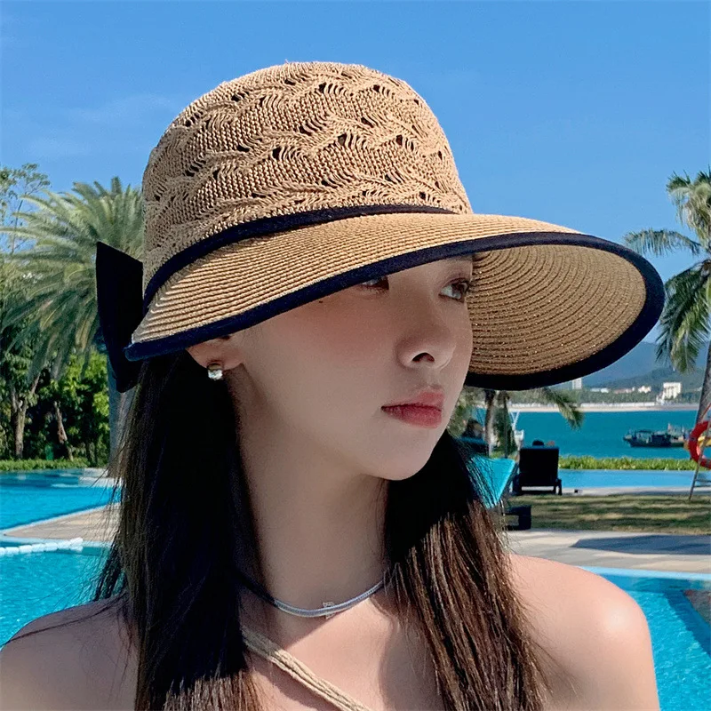 Women Ponytail Straw Sun Hat Wide Brim Visor Summer Adjustable Cap Sun Beach Foldable Hats 3