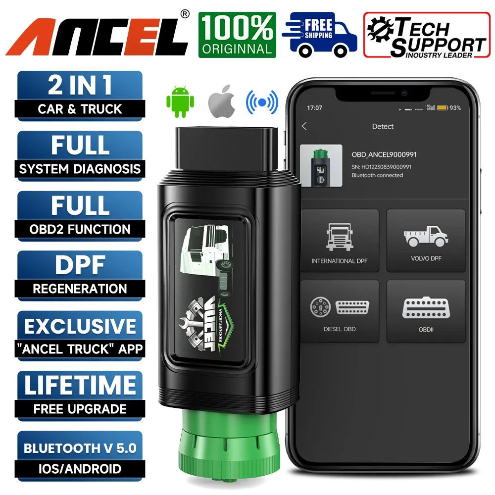 

ANCEL HD120 Bluetooth Diesel Heavy Duty Truck Scanner for Volvo/International 9/16 Pin All System D.P.F Diagnostic Scan Tool