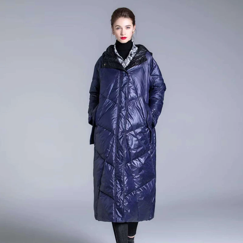 

Women's Hooded X-long 90% white duck down jacket 2022 Winter Loose Long sleeve puffer coat Female Snow Parkas White INKEO 2O091