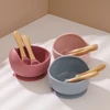 3PCS Baby Silicone Dinner Set Food Grade Tableware Sets For Kid Wooden Handle Spoon Fork Feeding Training Baby Dishes Baby Stuff 3
