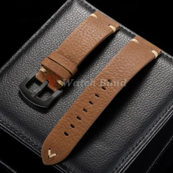 Universal Genuine Cowhide Leather Watch Band with Metal Buckle - Vintage Breathable Strap - 22mm (Brown - Black)