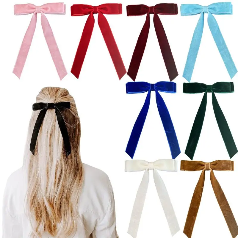 

27pc/lot 5inch Solid Long Tails Velvet Bow Hair Clips Hairpins Women Girls Long Ribbon Hair Clips Bowknot Barrettes Kid Headwear