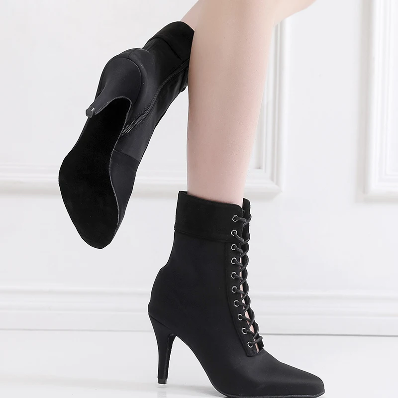 Ladies Black Lace Up Dance Boots Women Elastic Band Jazz Dancing Shoes Woman Closed Toe High Heel Booties for Girl 7.5cm-11cm