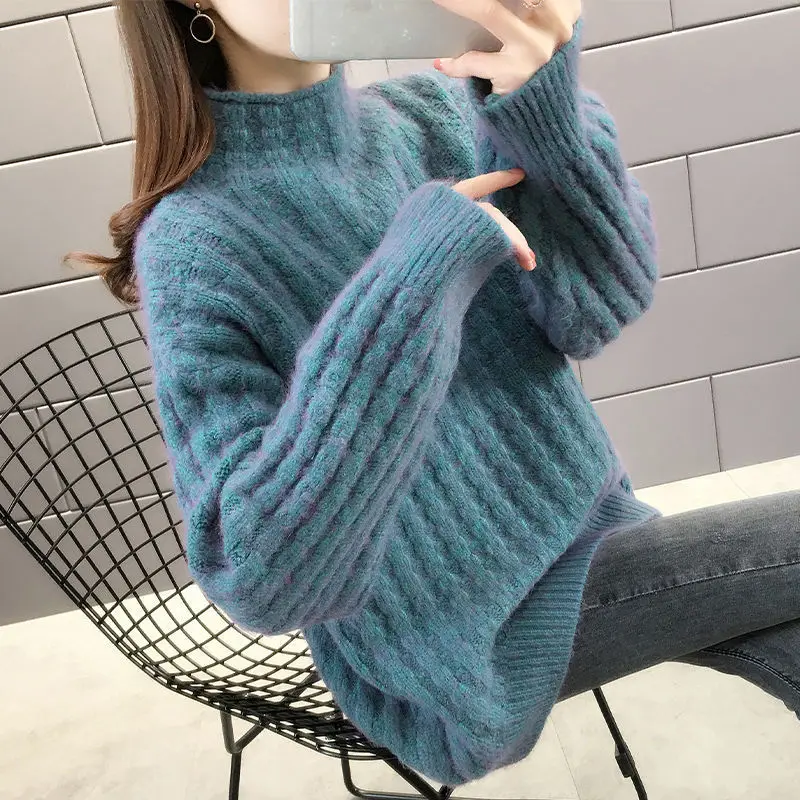 

Net Red New Pull Femme Autumn Winter Women Loose Outwear High Collar Solid Color Long Sleeve Sweater Thicken Warm Pullovers Top