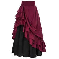 Casual Dual Layer Skirt Button Renaissance Costume Women Back Double Ruffle Long Shirring Skirt Waist Elastic Band Maxi Length - Image 4